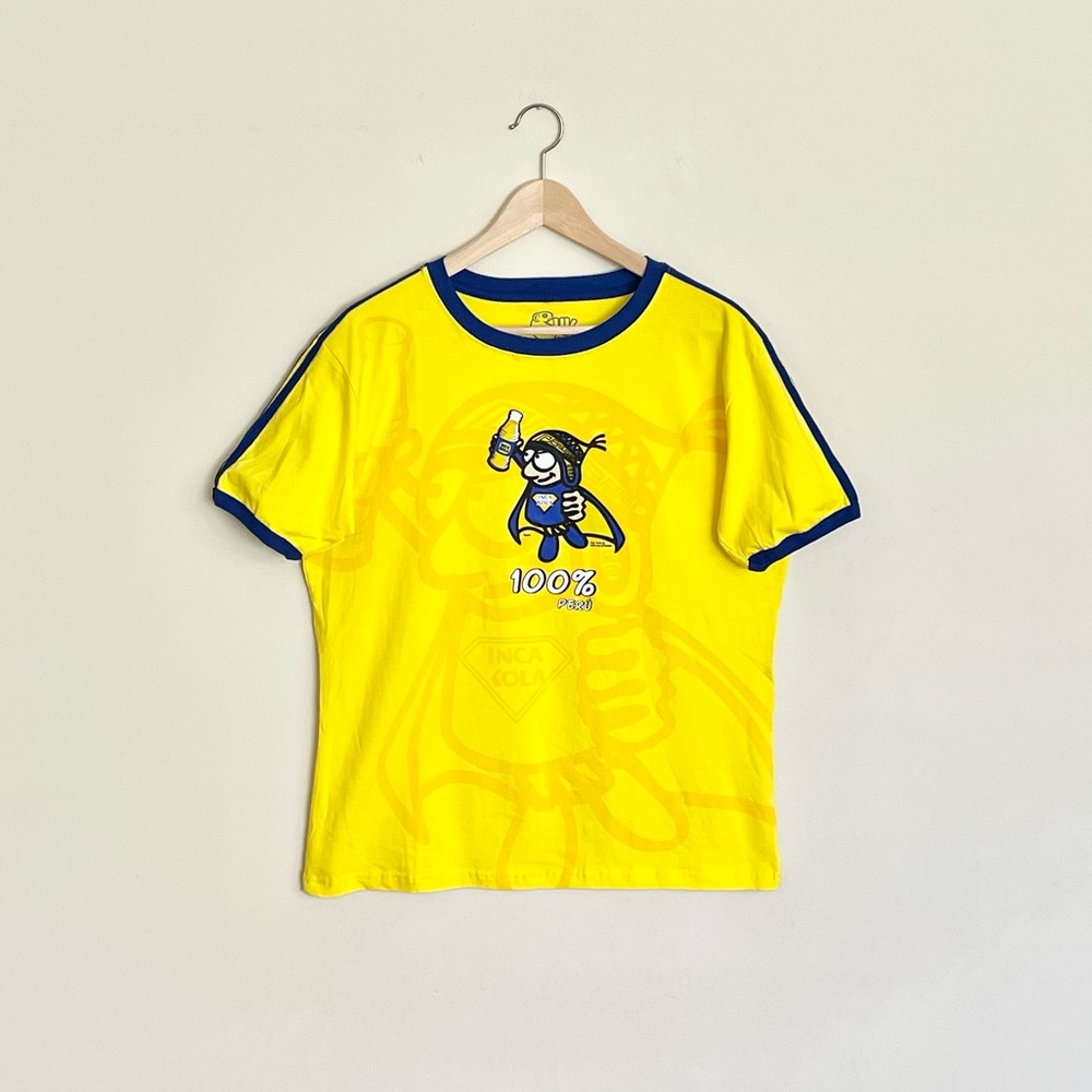 NEW Cuy Arts Inca Cola Man 100% Peru Yellow Blue Ringer T Shirt Adult size L